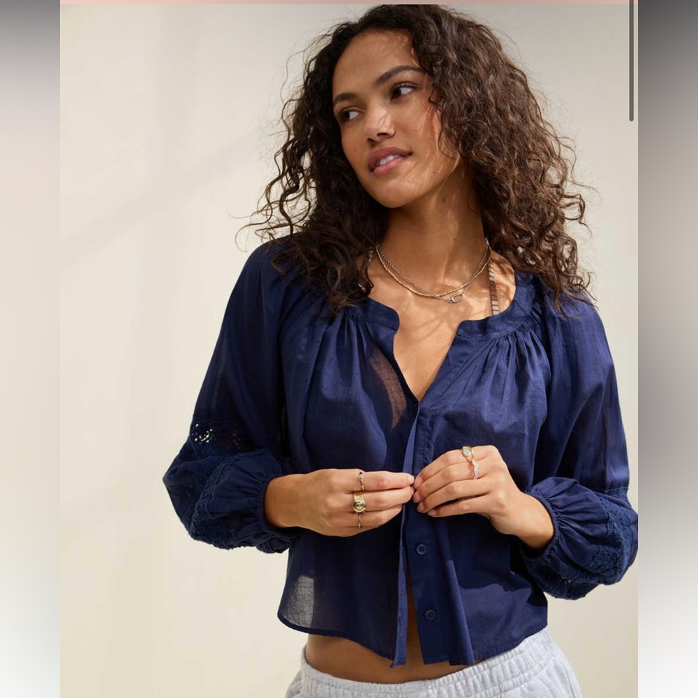 Aerie 100% Cotton Navy Blue Long Sleeve Crochet Button Down Shirt